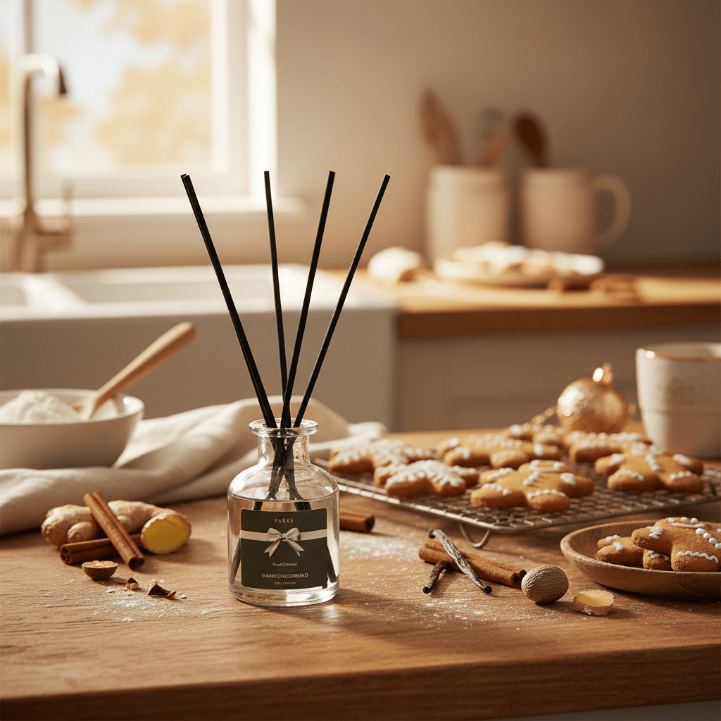 Parks Candles Warm Gingerbread diffuser bottle with 100ml capacity, featuring a cozy holiday-inspired design and diffuser reeds.