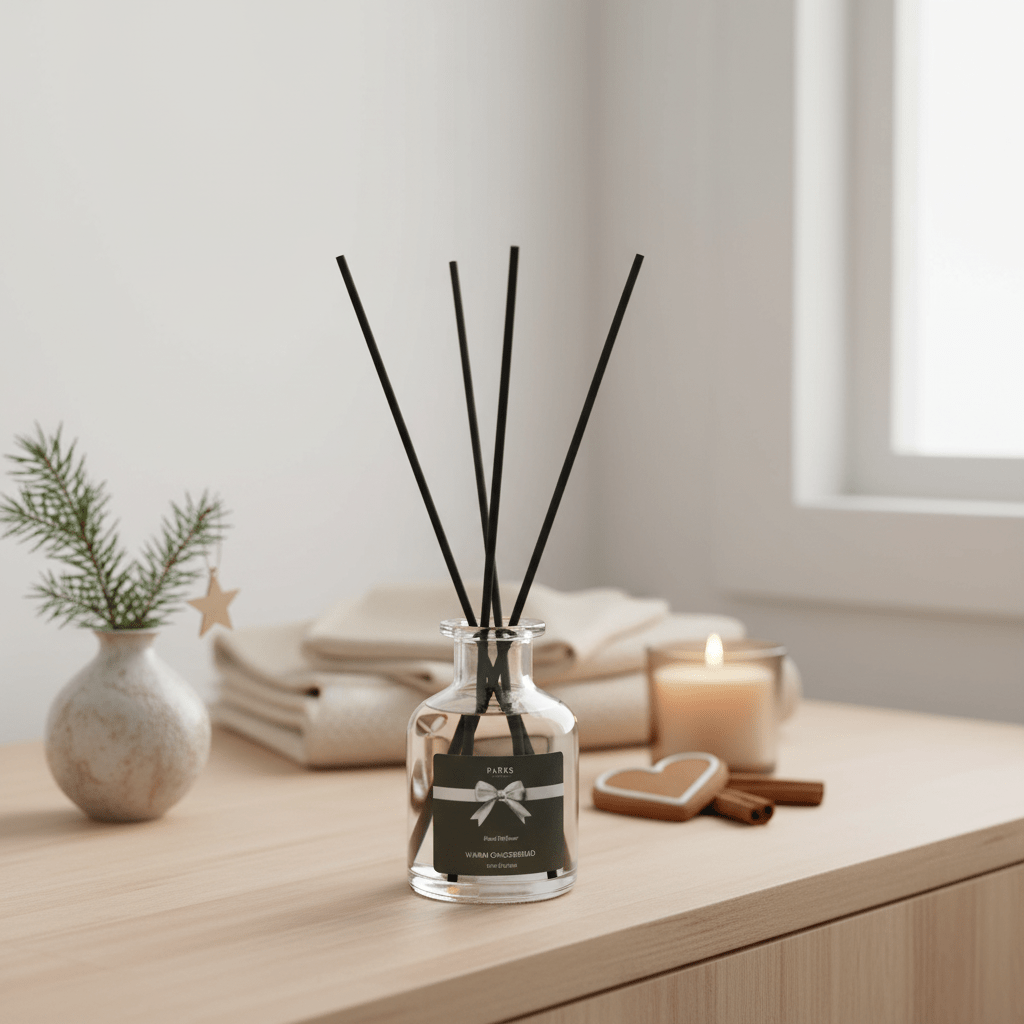Parks Candles warm gingerbread diffuser in a 100ml bottle, featuring a festive scent with a decorative diffuser top.