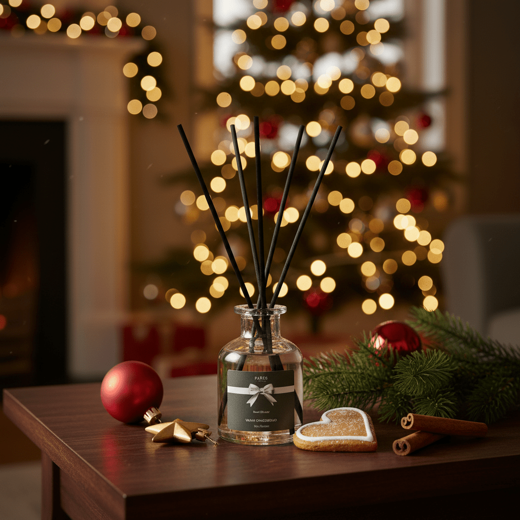 Parks Candles Warm Gingerbread diffuser in a 100ml bottle, with a cozy gingerbread scent and decorative packaging.