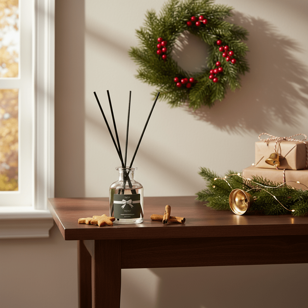 Parks Candles Warm Gingerbread 100ml diffuser with a clear glass container and a wooden cap, emitting a cozy, festive aroma.