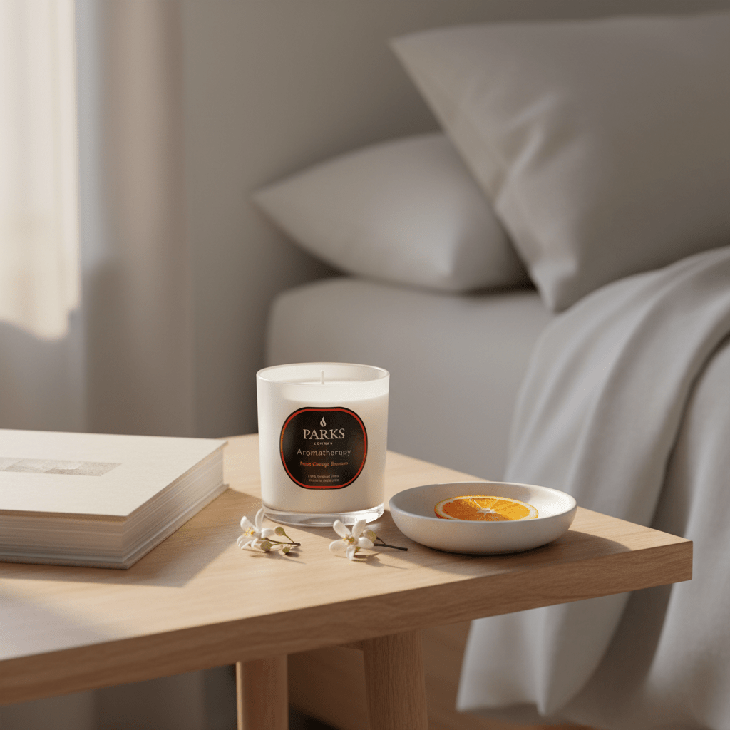 Fresh orange blossom candle by Parks Candles, 220g, featuring a clear glass holder and a lit orange blossom scented wick.