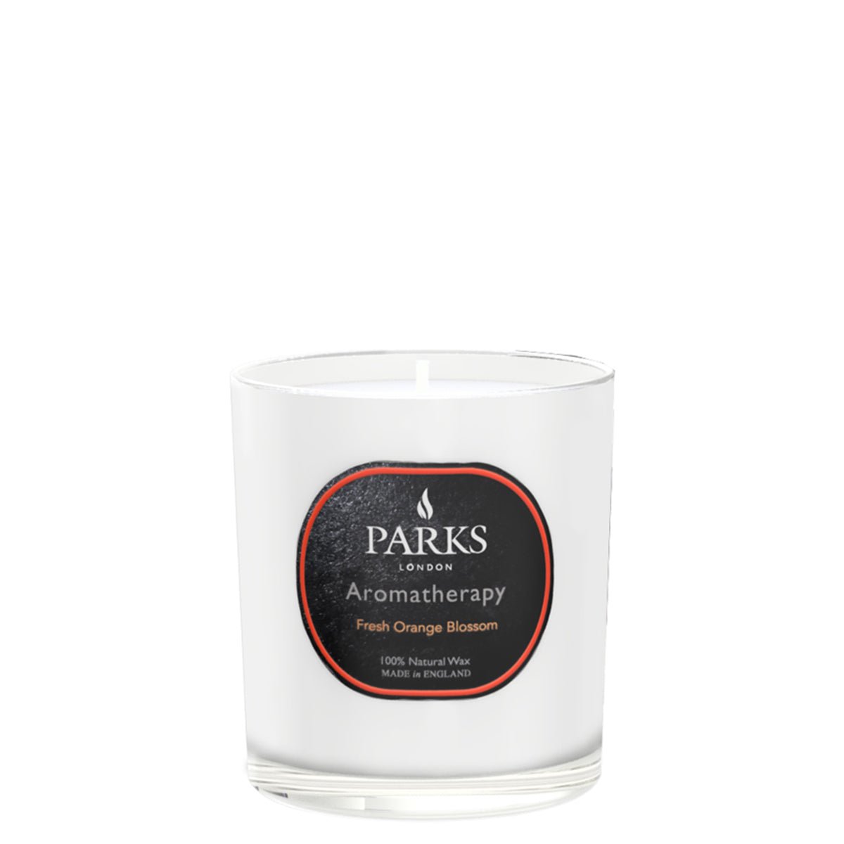 Parks Candles Fresh Orange Blossom scented candle in a 220g glass jar with a bright orange blossom design.