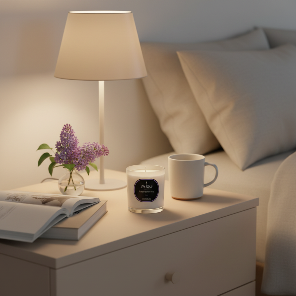 Lilac scented candle in a 220g glass jar from Parks Candles, with a soft purple hue and a calming flame.