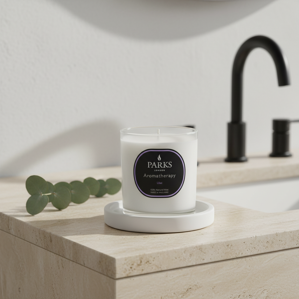 Parks Candles lilac scented candle in a 220g glass jar with a lit wick and soft purple hue, ideal for home fragrance.