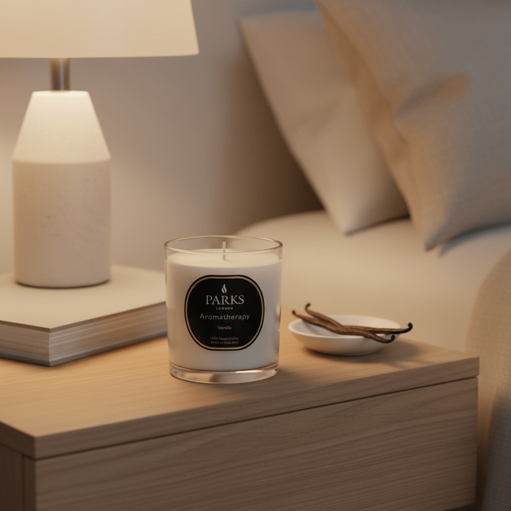 Vanilla scented candle in a 220g jar by Parks Candles, featuring a warm, inviting design with a lit wick and smooth wax surface.