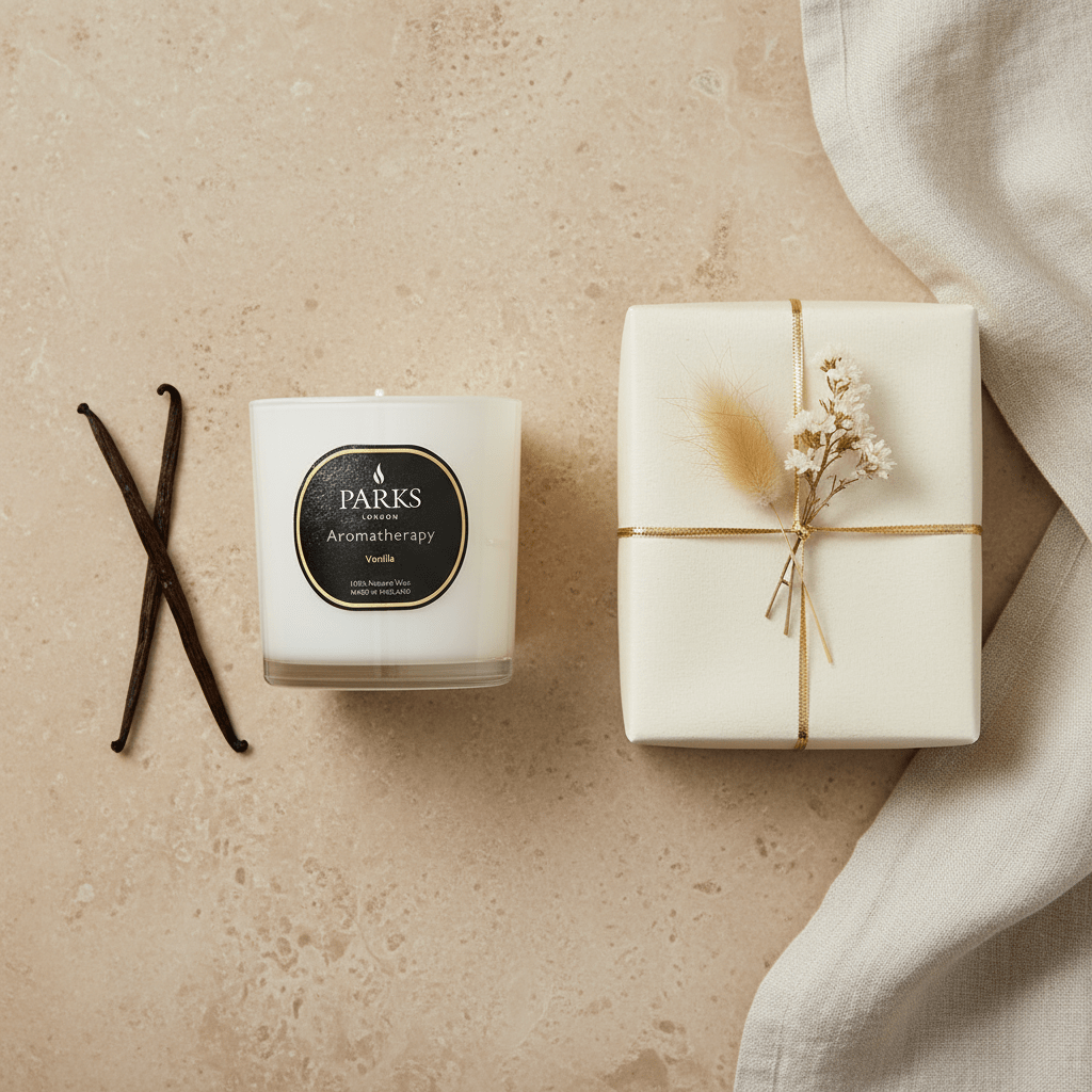 Vanilla candle in a 220g glass jar by Parks Candles, with a natural wax finish and a lit wick for cozy ambiance.