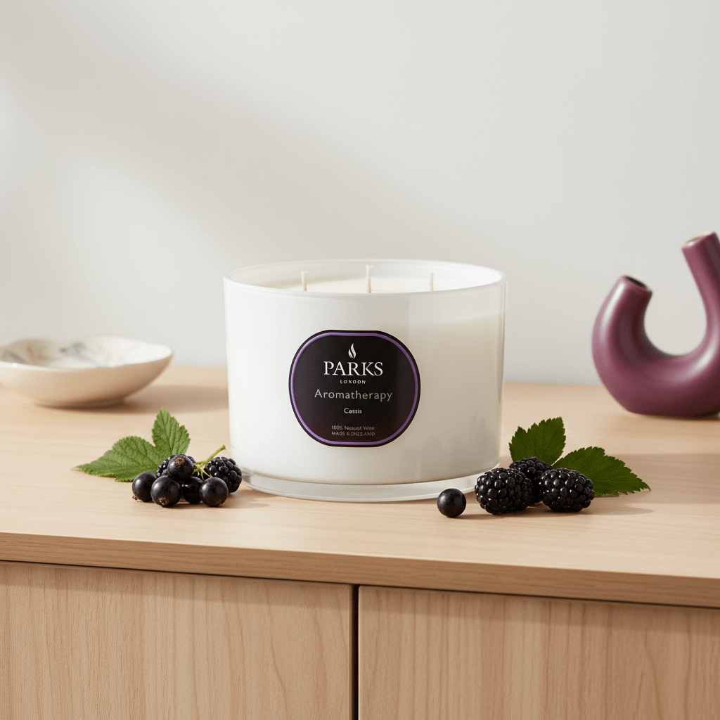 Parks Candles Cassis 3-wick 350g scented candle with purple wax and glass jar, showcasing the elegant candle design.
