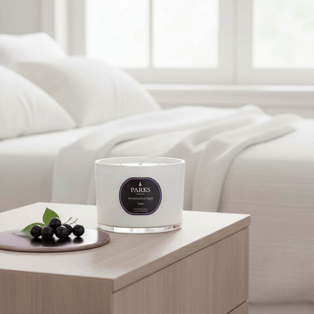 Parks Candles Cassis 3-wick candle in a 350g glass jar with a floral purple and black label, showcasing the candle's design and branding.