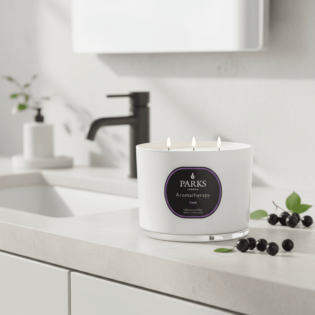 Parks Candles Cassis 3-wick candle in a 350g glass jar with a floral scent and three lit wicks, creating a warm, inviting glow.