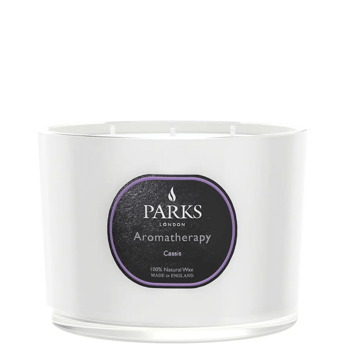 Parks Candles Cassis 3-wick candle in 350g glass jar with a floral purple and white label and three burning wicks.