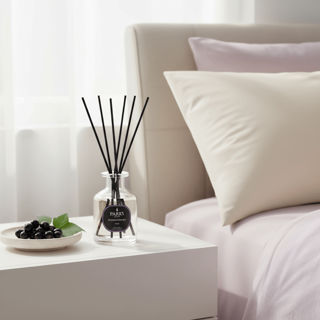 Parks Candles Cassis diffuser 100ml with a sleek glass bottle and reed sticks for aromatic home fragrance.