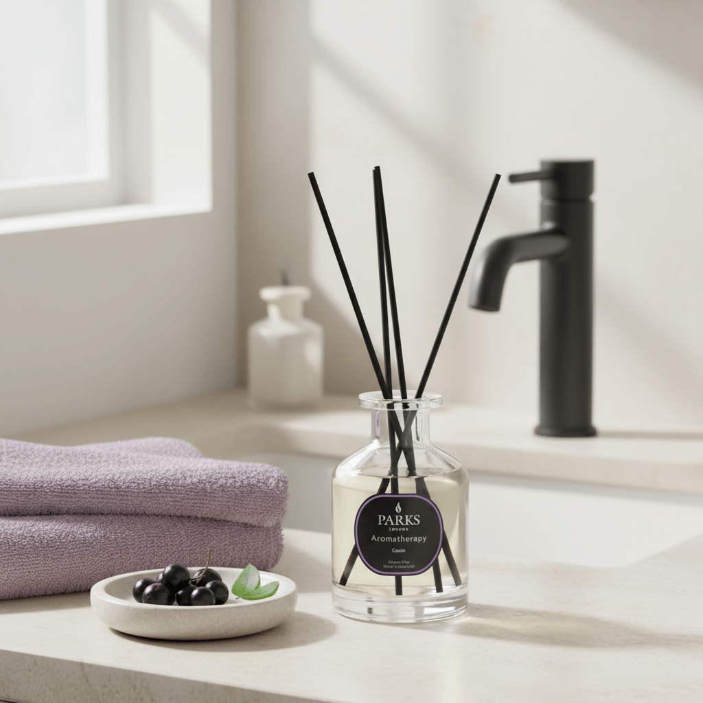 Parks Candles Cassis diffuser 100ml with a sleek glass bottle and natural reed sticks for aromatic home fragrance.
