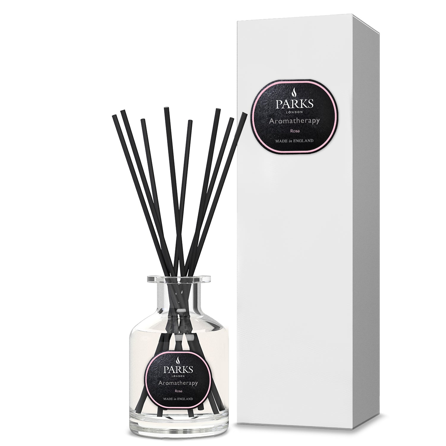 Parks Candles Rose Diffuser 100ml reed diffuser with elegant bottle and natural reed sticks, showcasing floral scent and decorative design.