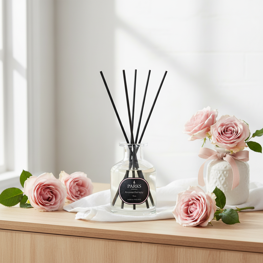 Dark rose reed diffuser by Parks Candles, 100ml glass bottle with elegant reeds for aromatic home fragrance.