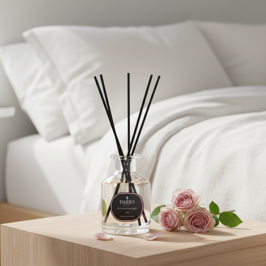 Parks Candles Rose Reed Diffuser 100ml with elegant glass bottle and natural reed sticks for floral home fragrance.