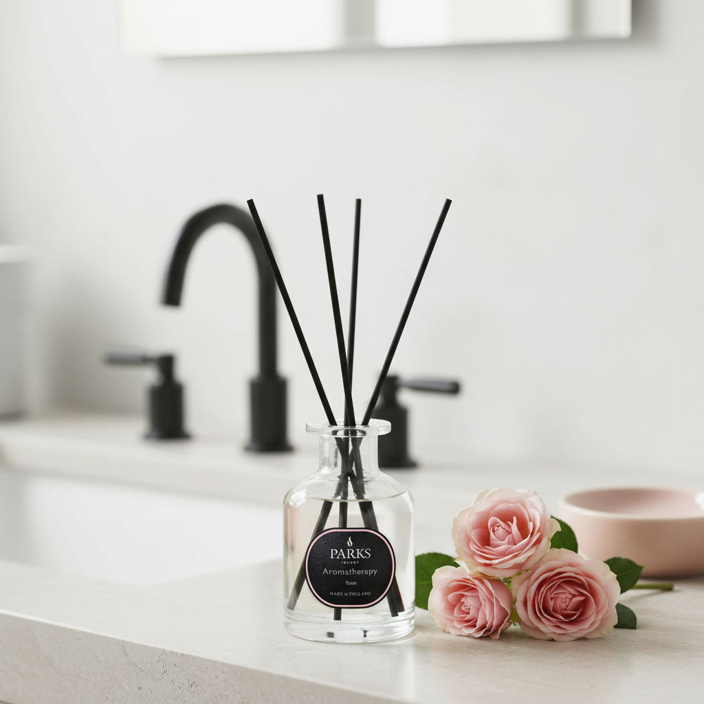Rose reed diffuser by Parks Candles, 100ml glass bottle with natural reed sticks for floral home fragrance.