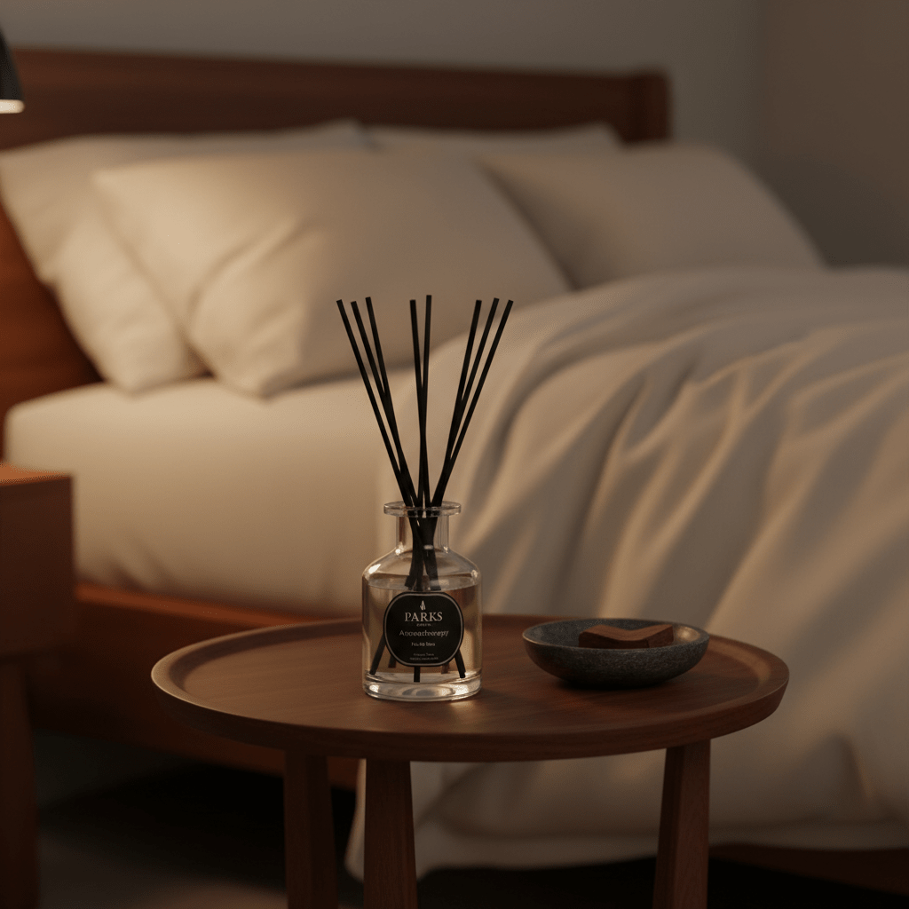 Parks Candles Feu de Bois reed diffuser in a 100ml glass bottle with natural reed sticks, designed to release warm woody fragrance.