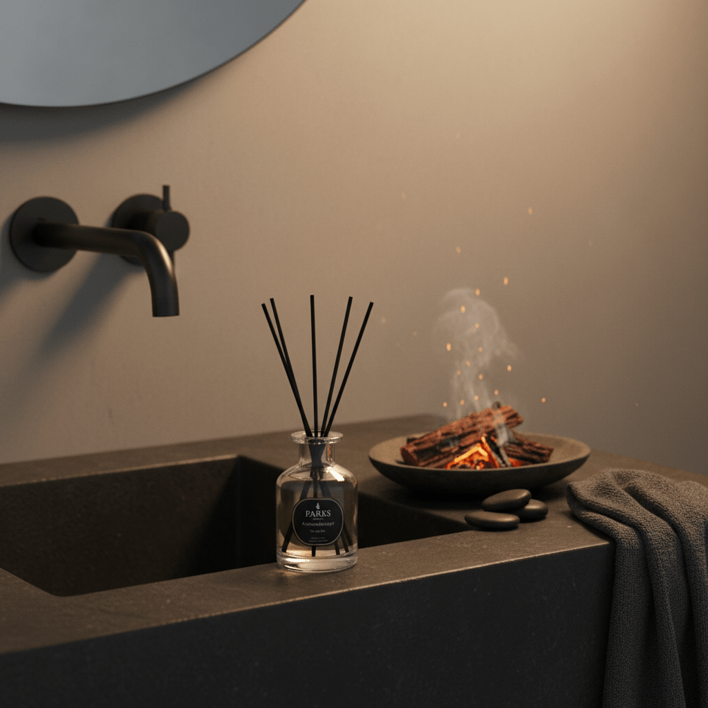 Parks Candles FEU DE BOIS reed diffuser 100ml with elegant glass bottle and natural wooden reeds for home fragrance.