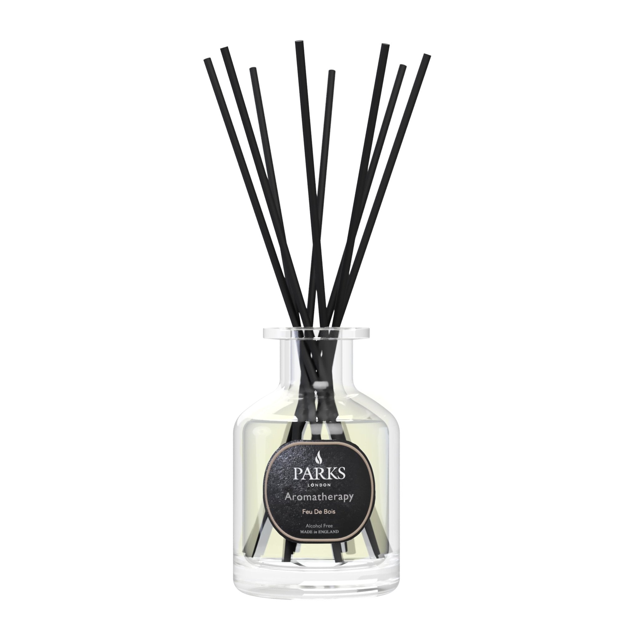 Parks Candles FEU DE BOIS reed diffuser 100ml with wooden diffuser sticks and elegant packaging.
