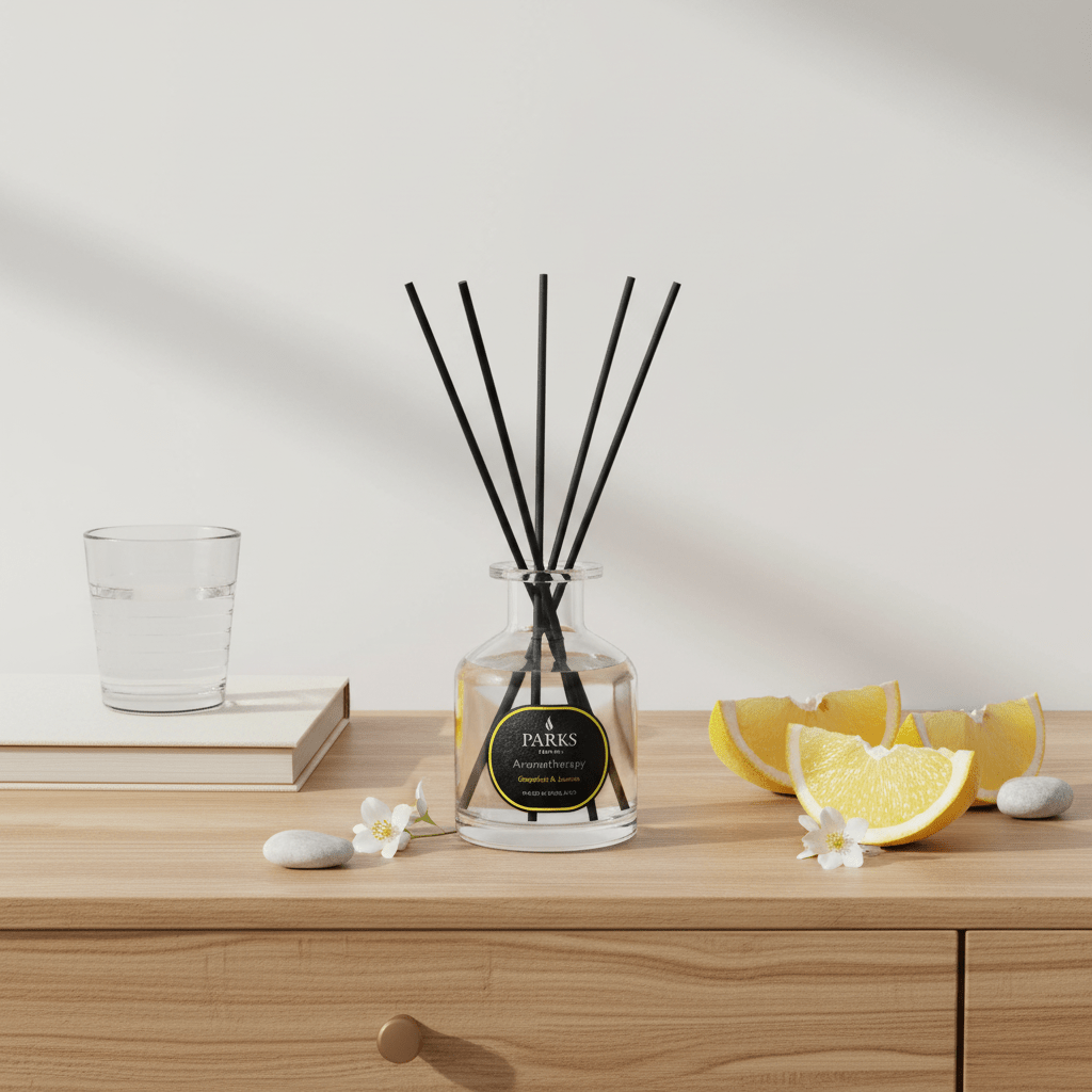 Parks Candles Grapefruit & Jasmine reed diffuser 100ml with glass bottle and reed sticks for home fragrance.