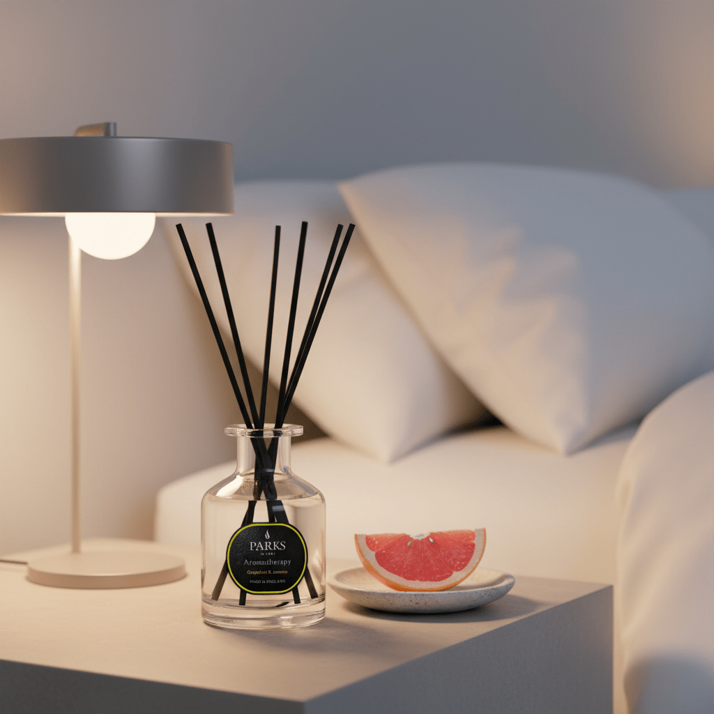 Reed diffuser with grapefruit and jasmine scent in a 100ml bottle by Parks Candles, with decorative reeds and floral accents.