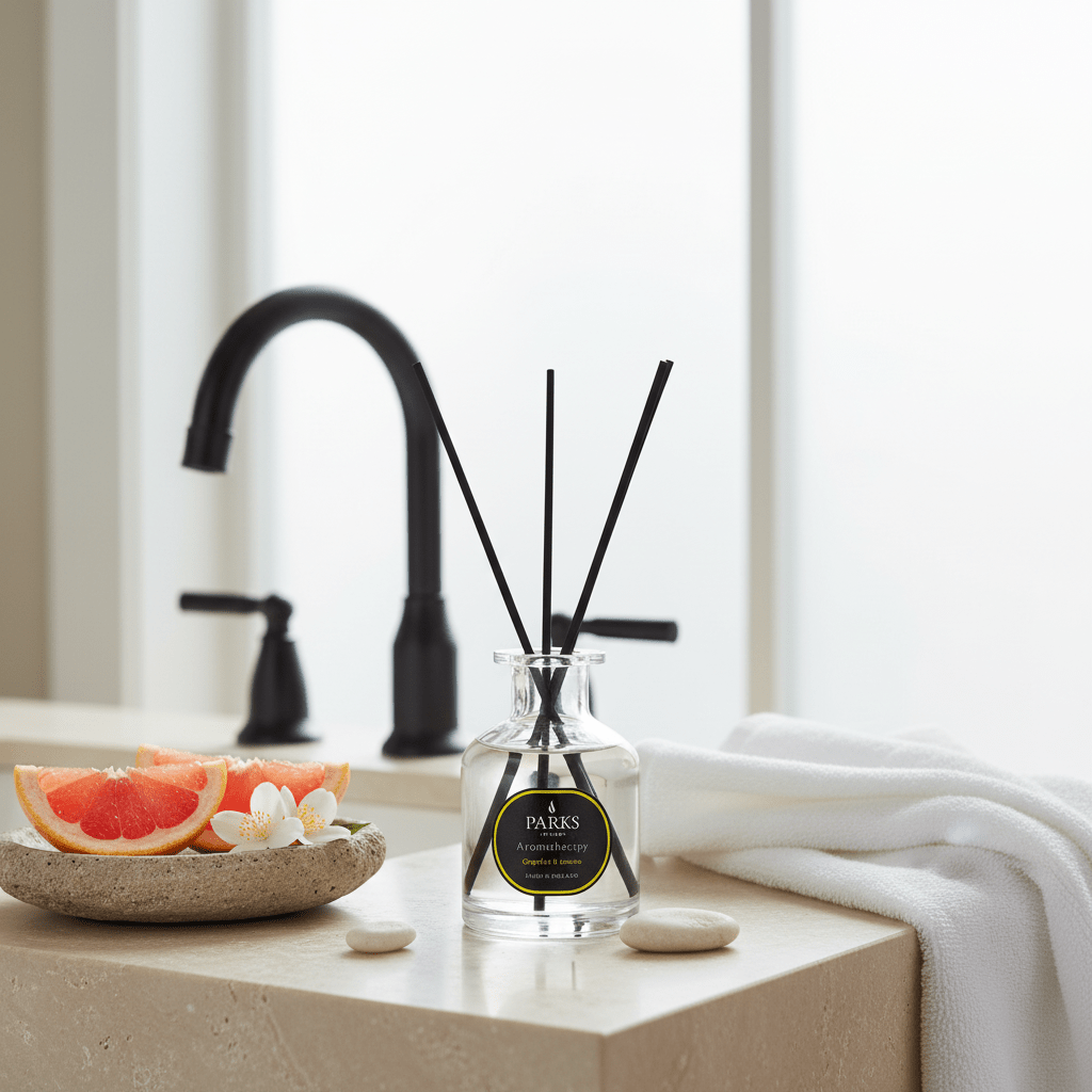 Reed diffuser by Parks Candles with grapefruit and jasmine scent in a 100ml glass bottle, elegant home fragrance accessory.