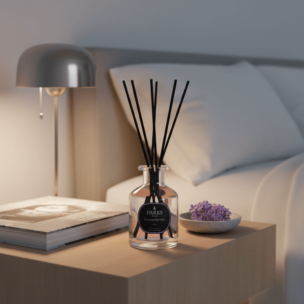 Parks Candles lilac reed diffuser with a clear glass bottle and natural reed sticks for home fragrance.