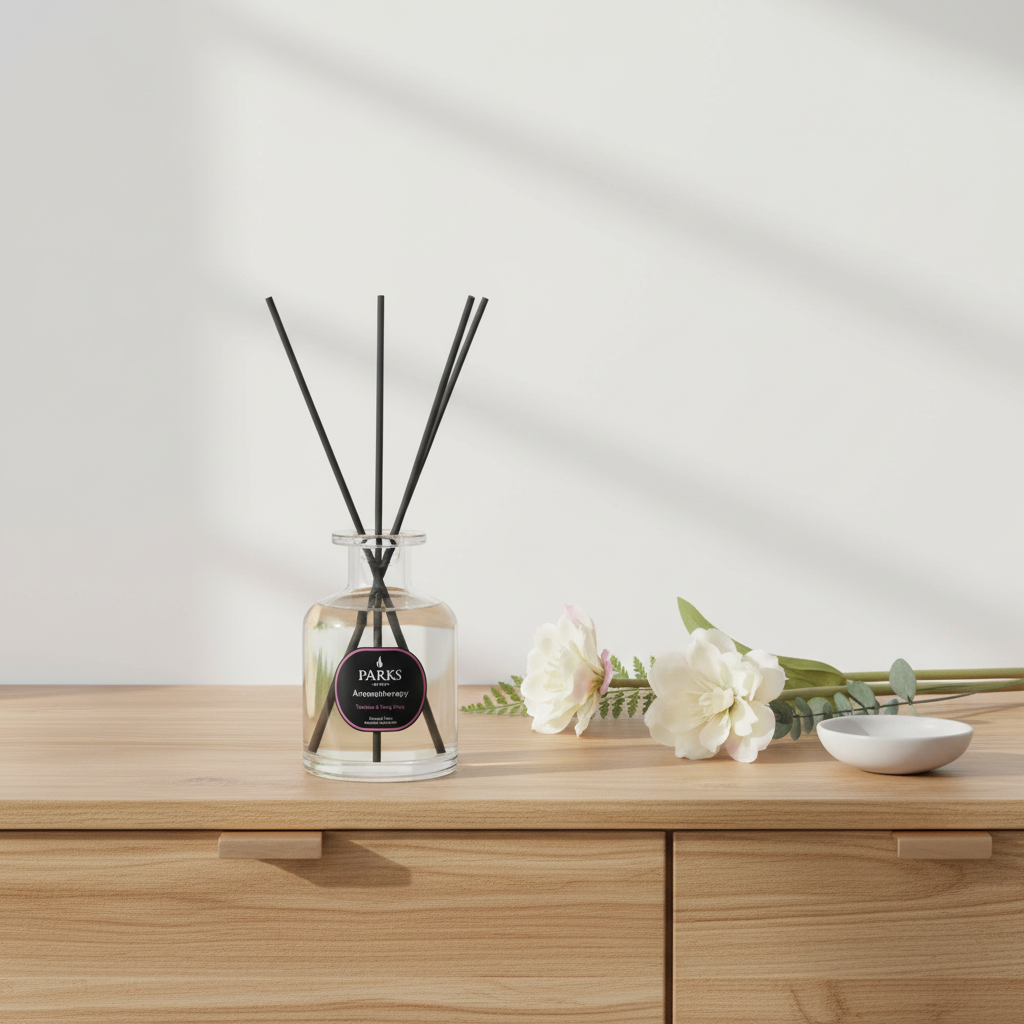 Reed diffuser by Parks Candles featuring Tuberose and Ylang Ylang scent in a 100ml glass bottle with reed sticks.