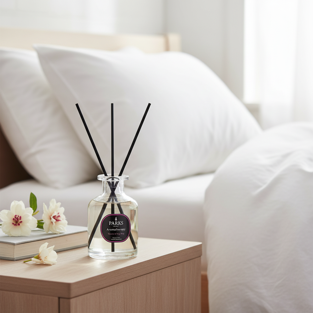 Reed diffuser with Tuberose and Ylang Ylang scent in a 100ml Parks Candles bottle, showing the elegant diffuser and reeds.