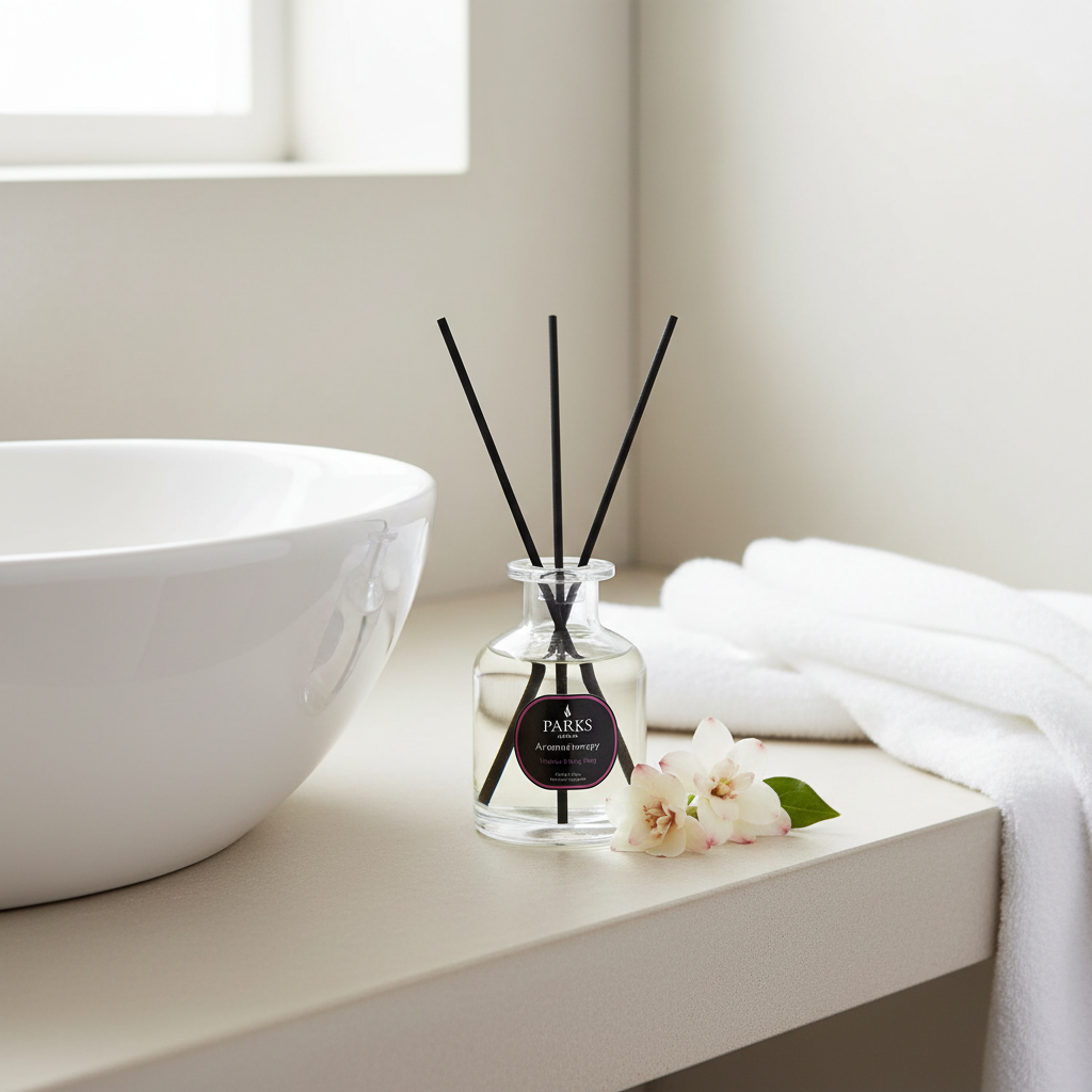 Reed diffuser with Tuberose and Ylang Ylang scent in a 100ml glass bottle from Parks Candles, with reeds and floral packaging.