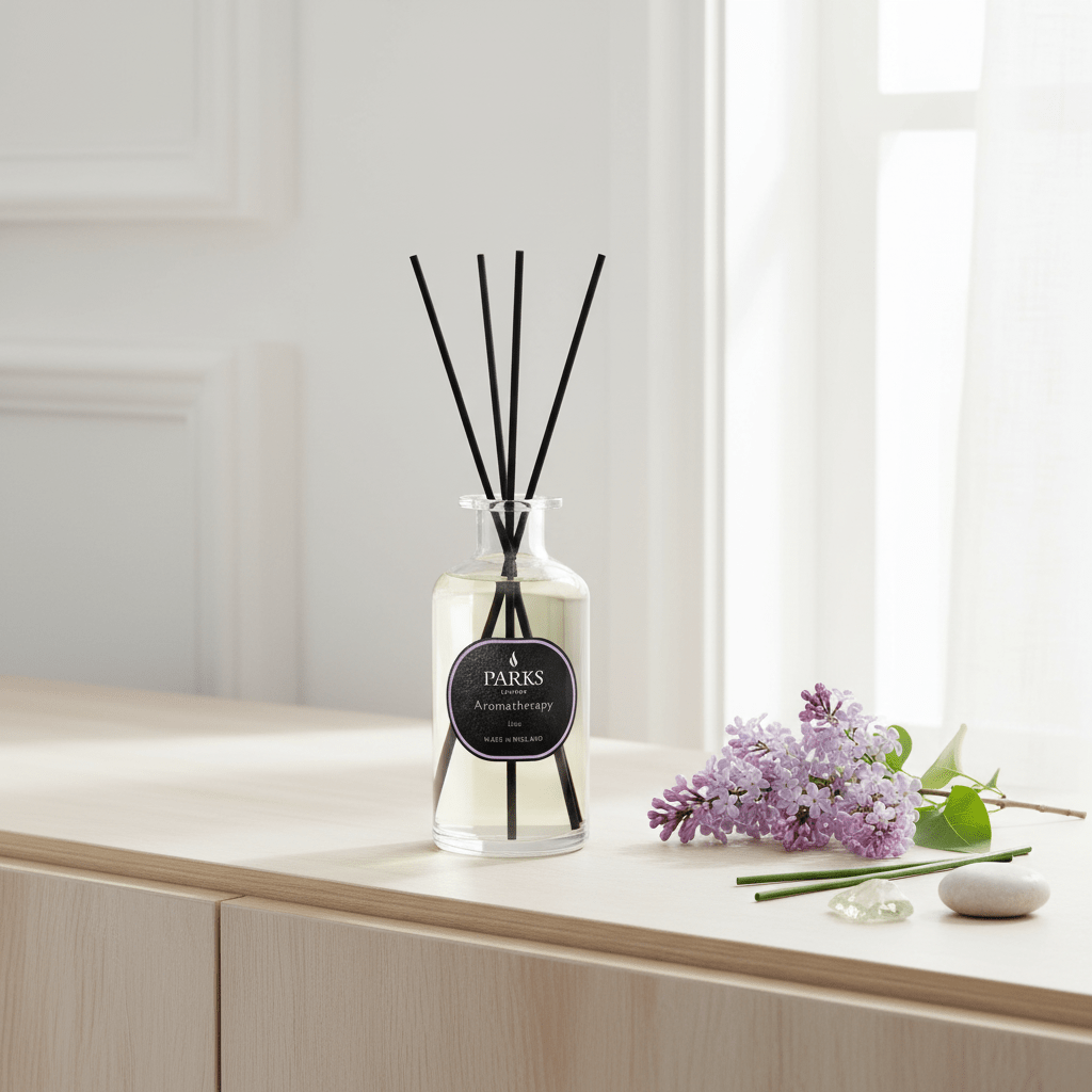 Lilac reed diffuser by Parks Candles in a 220ml glass bottle with natural reed sticks for home fragrance.