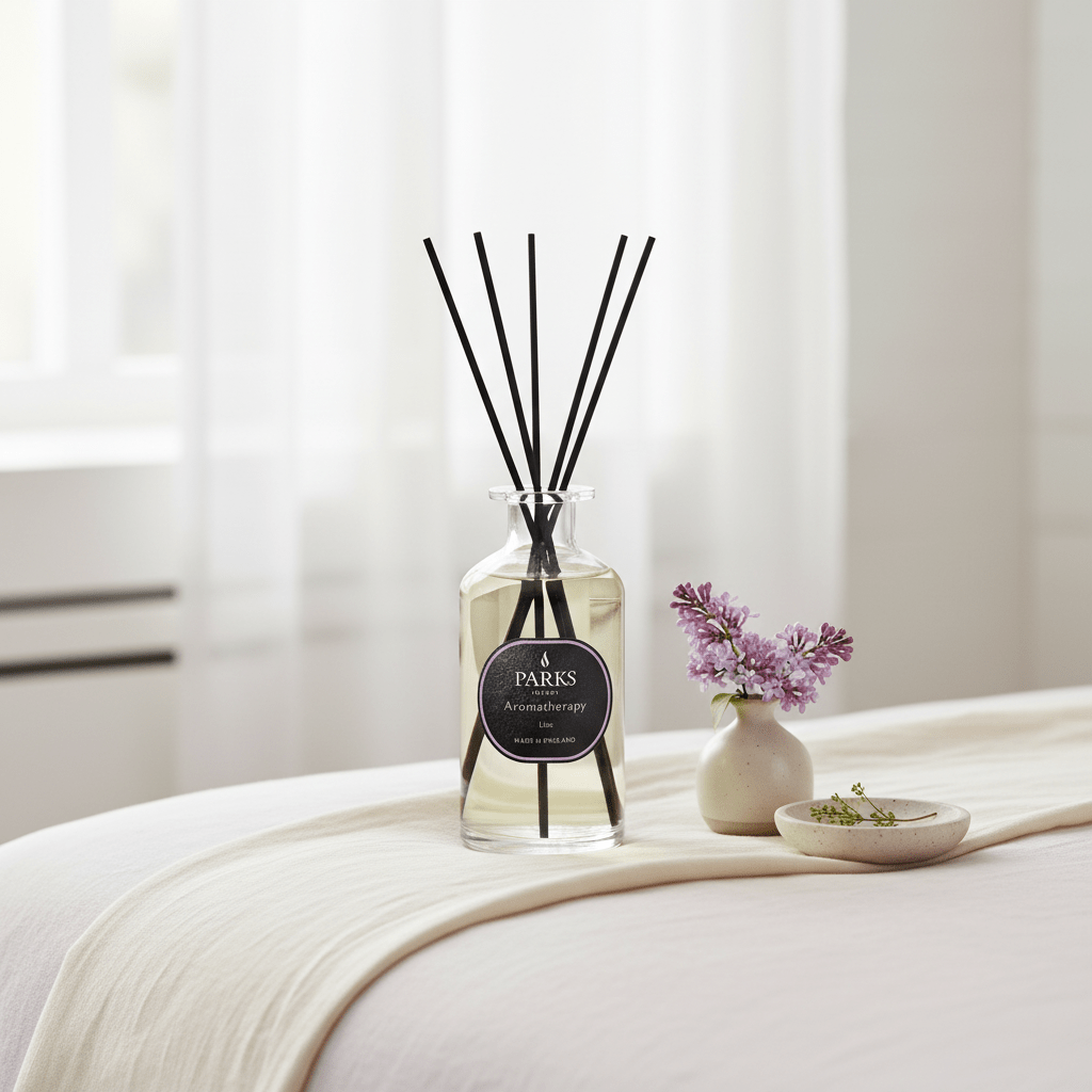 Lilac reed diffuser by Parks Candles in a 220ml glass bottle with natural reeds for fresh floral scent.