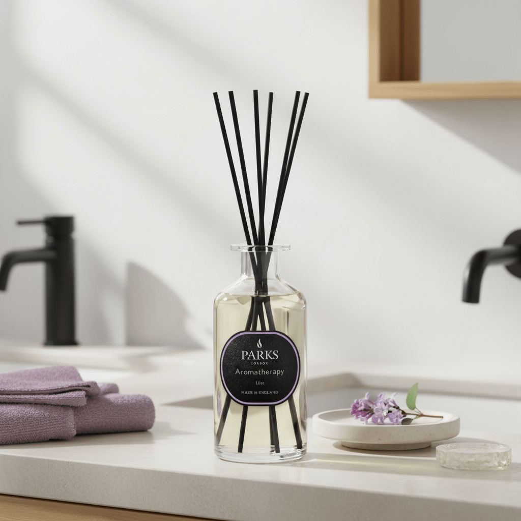 Lilac reed diffuser by Parks Candles in a 220ml glass bottle with reed sticks, designed to add fragrance to home spaces.