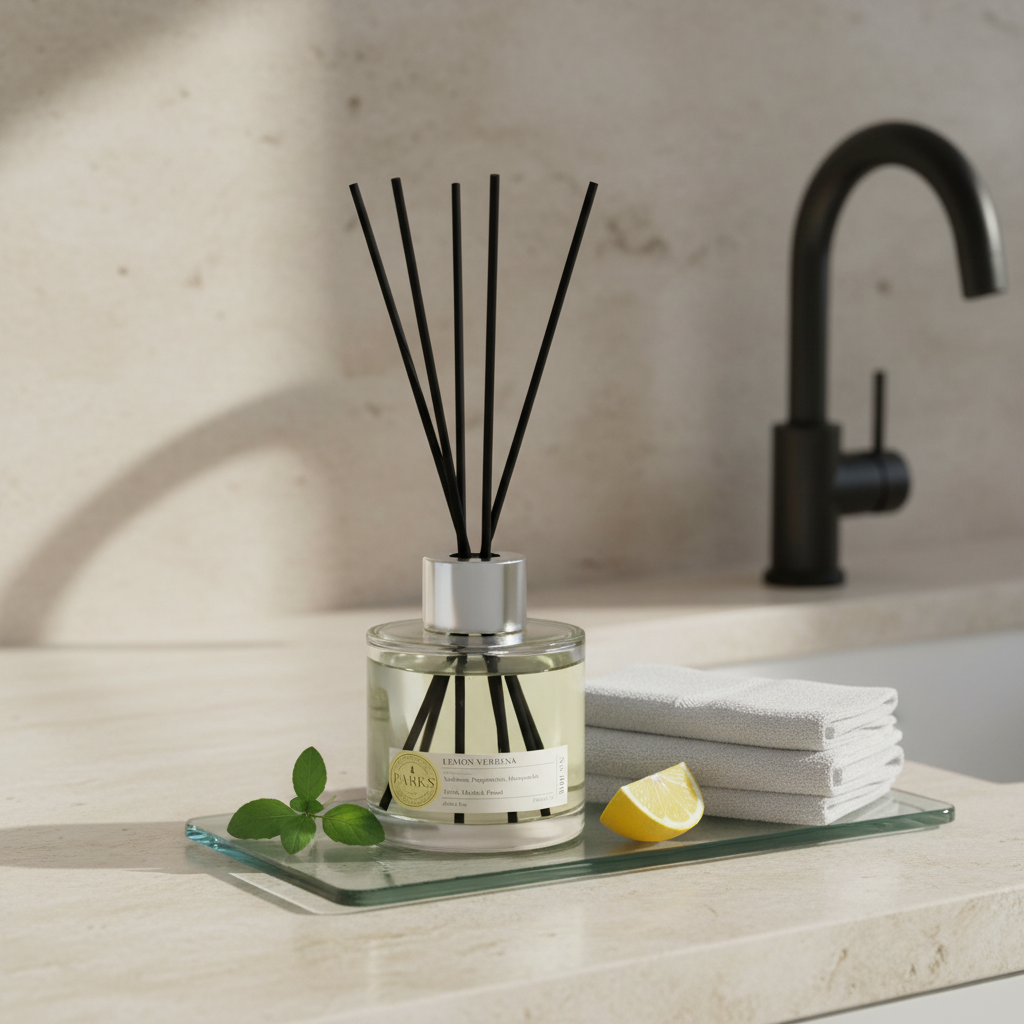 Lemon Verbena reed diffuser by Parks Candles in a 100ml glass bottle with natural reeds for fresh, citrusy scent.