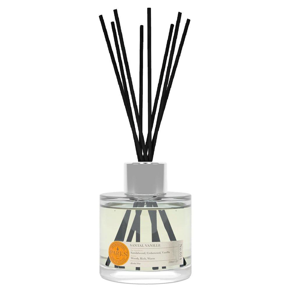 Parks Candles Santal Vanille reed diffuser 100ml with elegant glass bottle and natural reed sticks for home fragrance