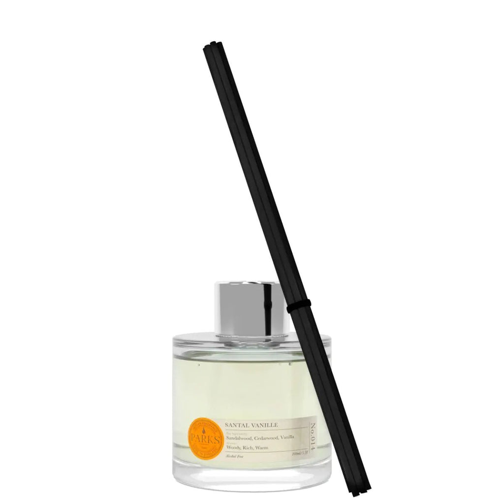 Parks Candles Santal Vanille Reed Diffuser 100ml with elegant glass bottle and reed sticks for fragrant home scent