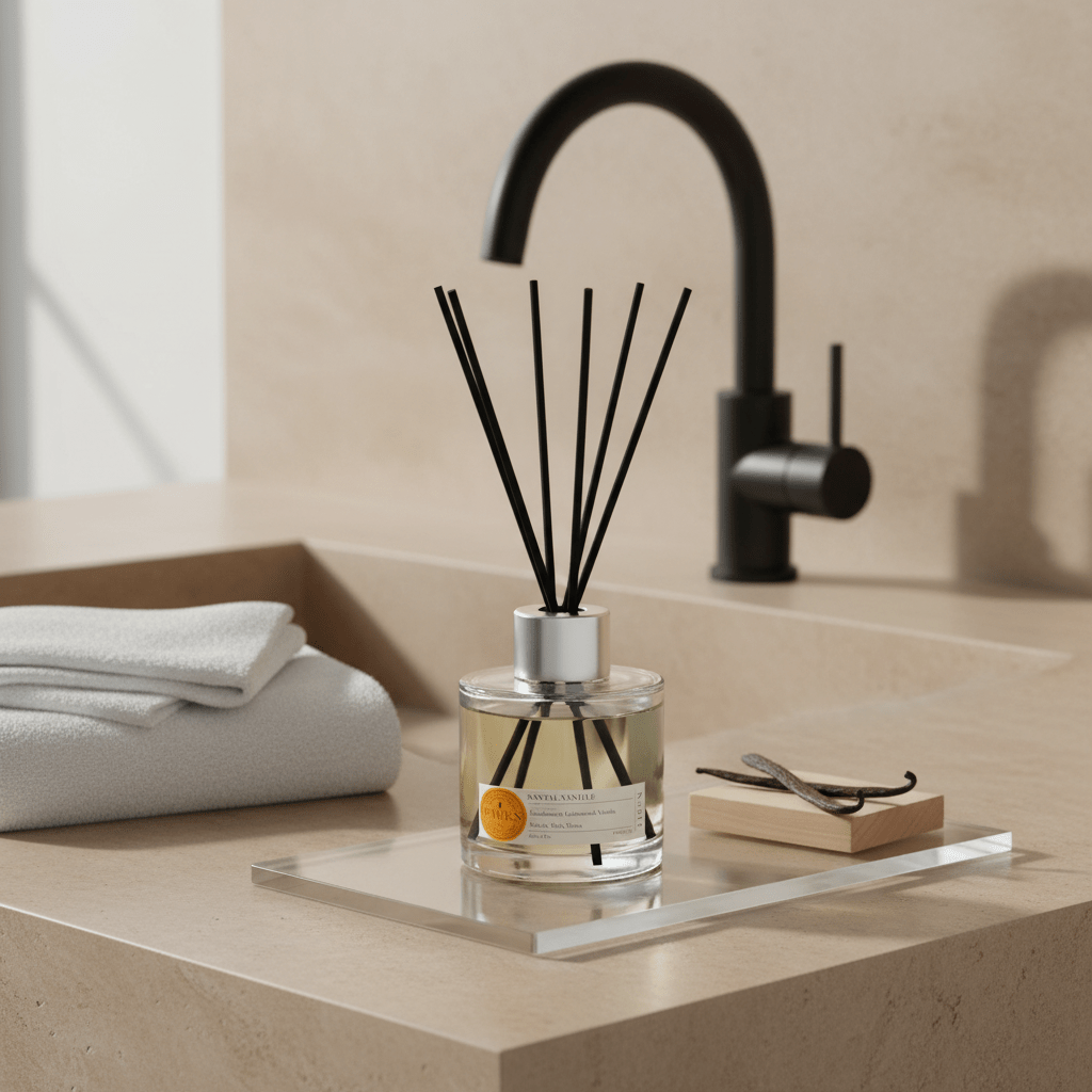 Parks Candles Santal Vanille reed diffuser 100ml with glass bottle and reed sticks, showcasing warm vanilla and sandalwood scent
