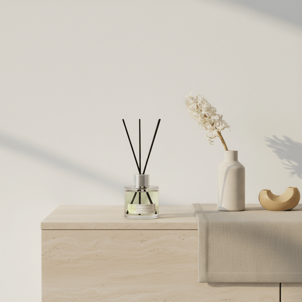 White hyacinth and lily reed diffuser by Parks Candles, 100ml bottle with natural reeds for home fragrance.