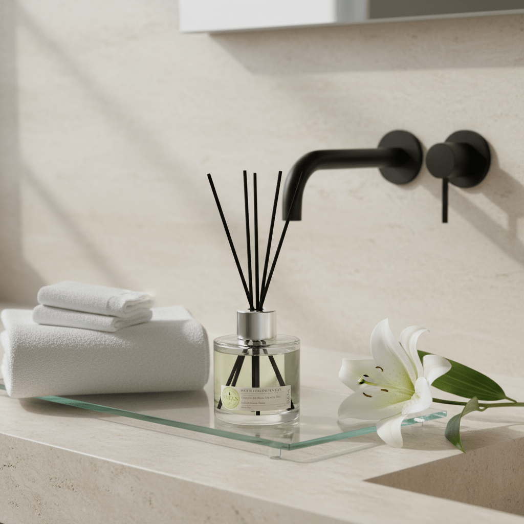 White Hyacinth and Lily reed diffuser by Parks Candles in a 100ml glass bottle with natural reed sticks.
