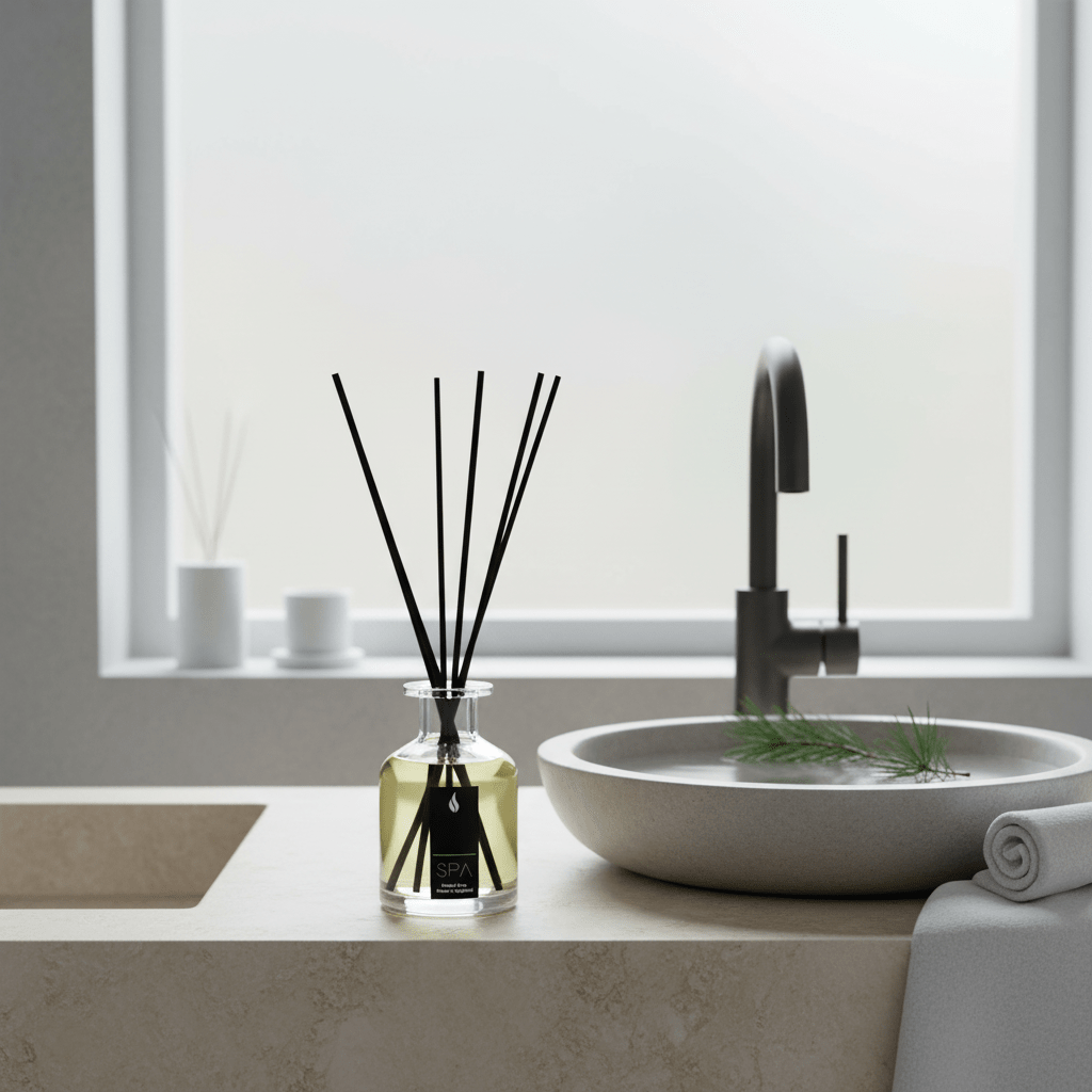 Parks Candles SPA Alpine diffuser 100ml with a sleek glass bottle and reed sticks for home fragrance.