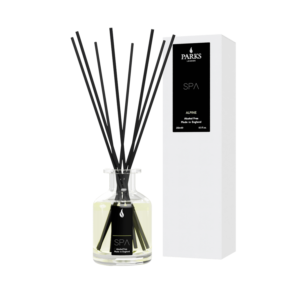 Parks Candles SPA Alpine diffuser 100ml with elegant glass bottle and reed sticks for aromatic home fragrance.