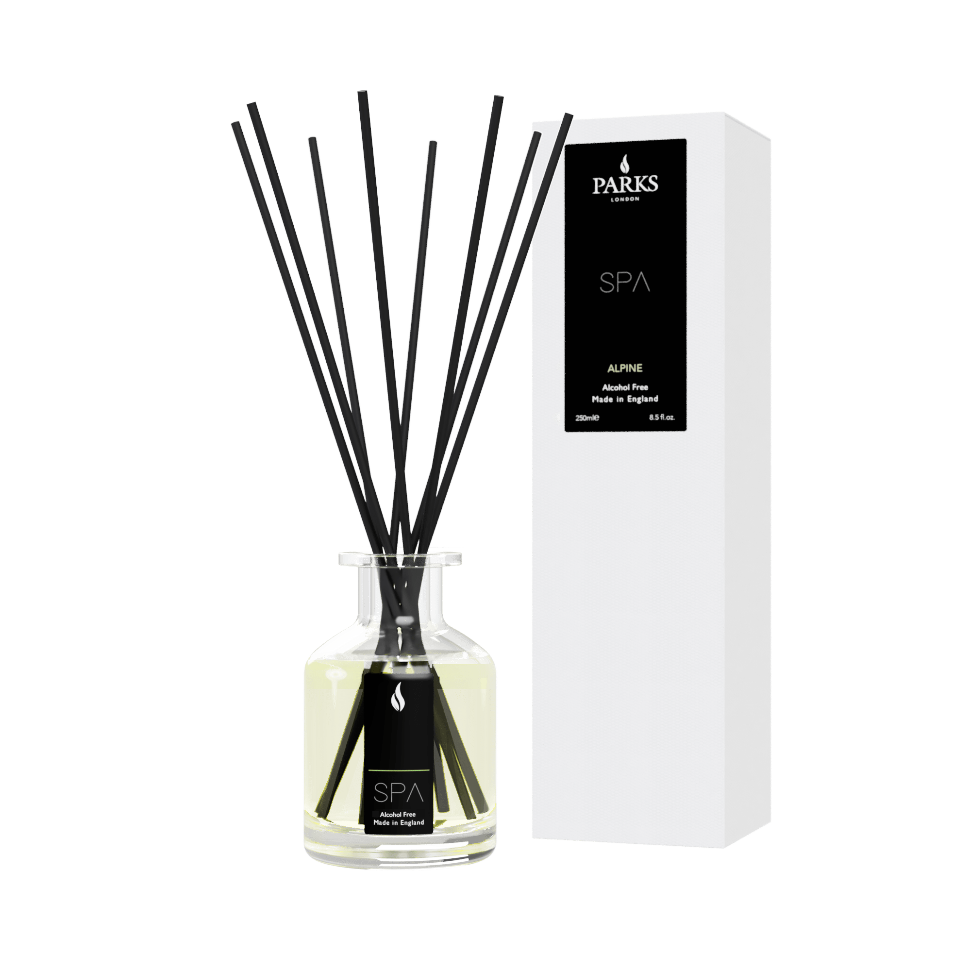Parks Candles SPA Alpine diffuser 100ml with elegant glass bottle and reed sticks for aromatic home fragrance.