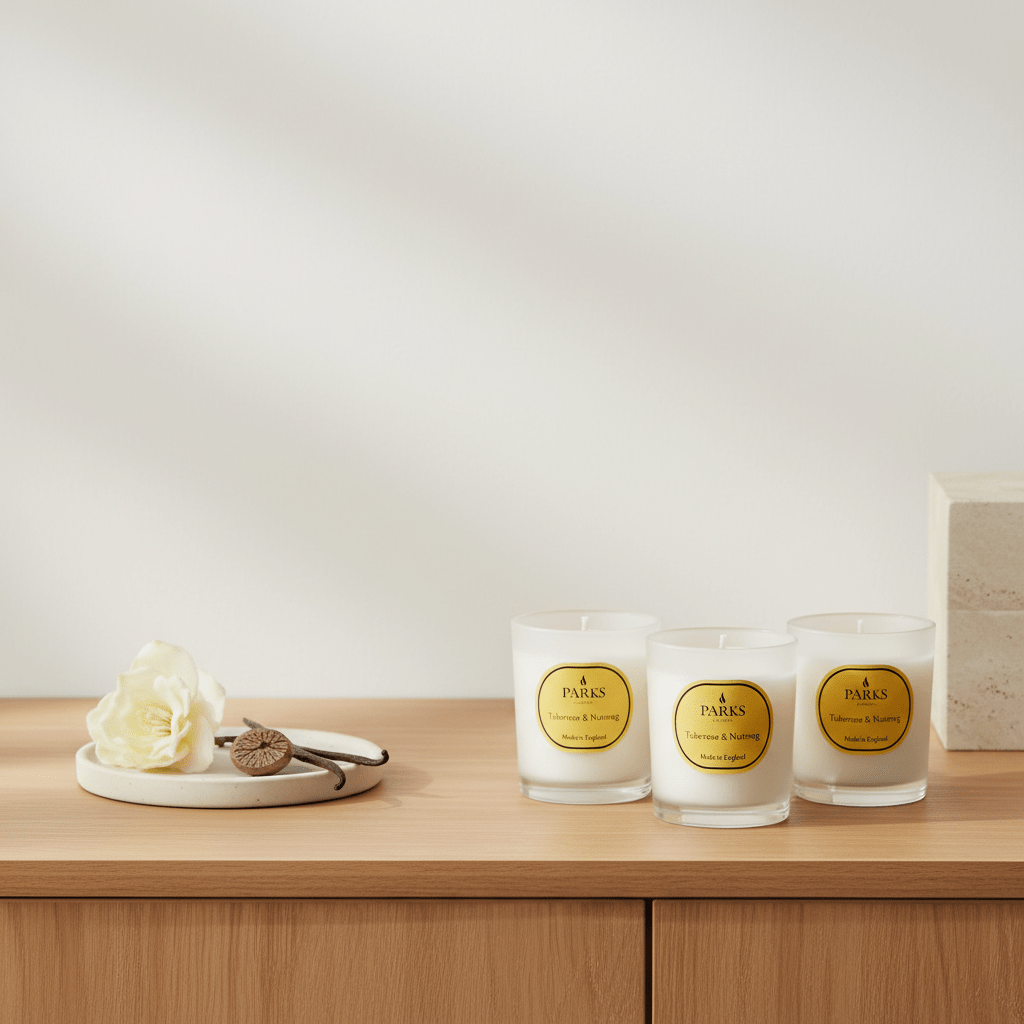 Vintage aromatherapy candles by Parks Candles, tuberose and nutmeg scent, 50g each, set of three in special edition packaging.