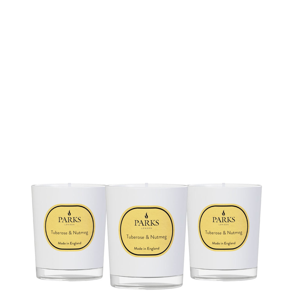 Vintage Aromatherapy Special Editions Parks Candles, 50g Tuberose and Nutmeg scented candles in decorative glass jars.