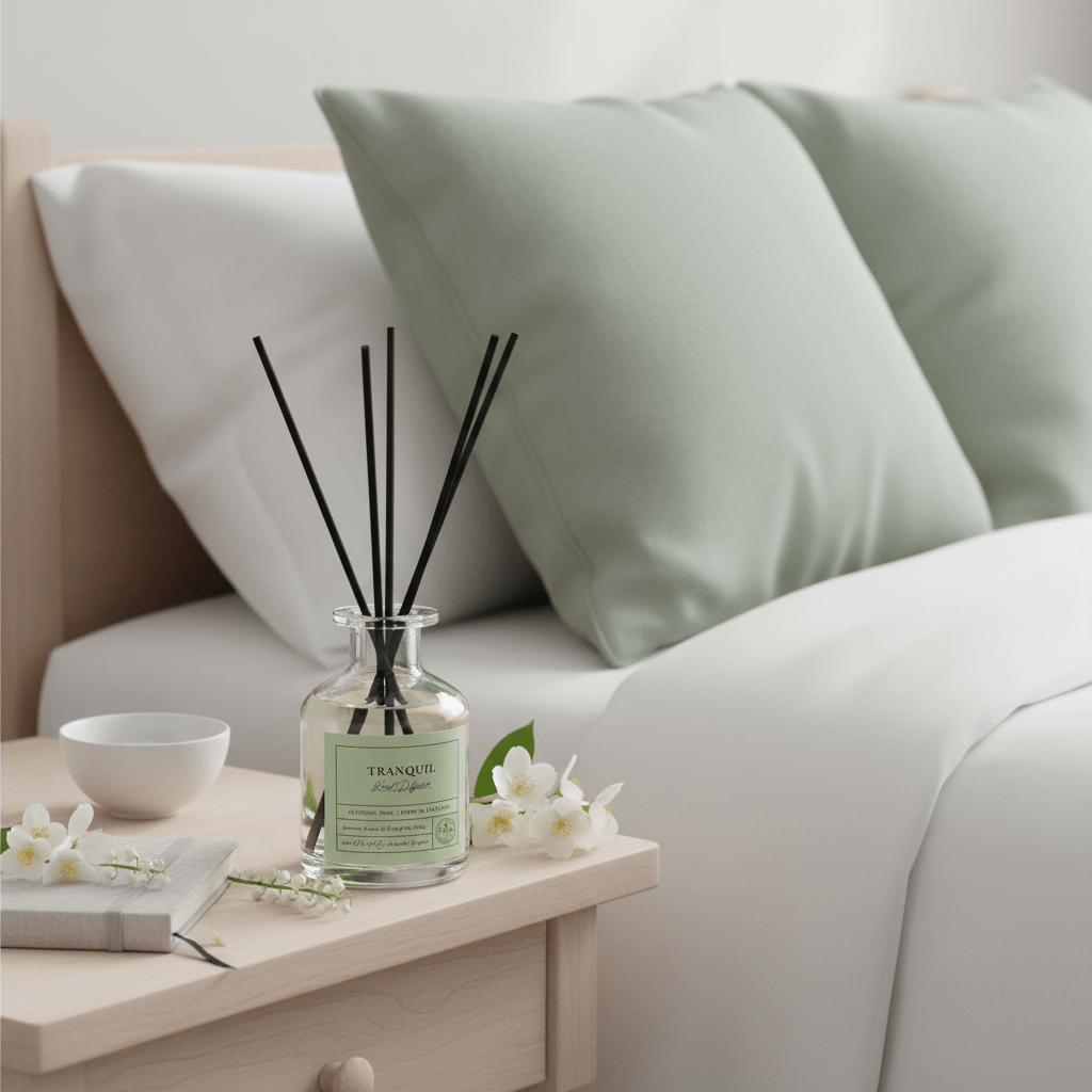 Parks Candles MOODS TRANQUIL reed diffuser with 100ml bottle, showcasing elegant glass container and natural reed sticks.