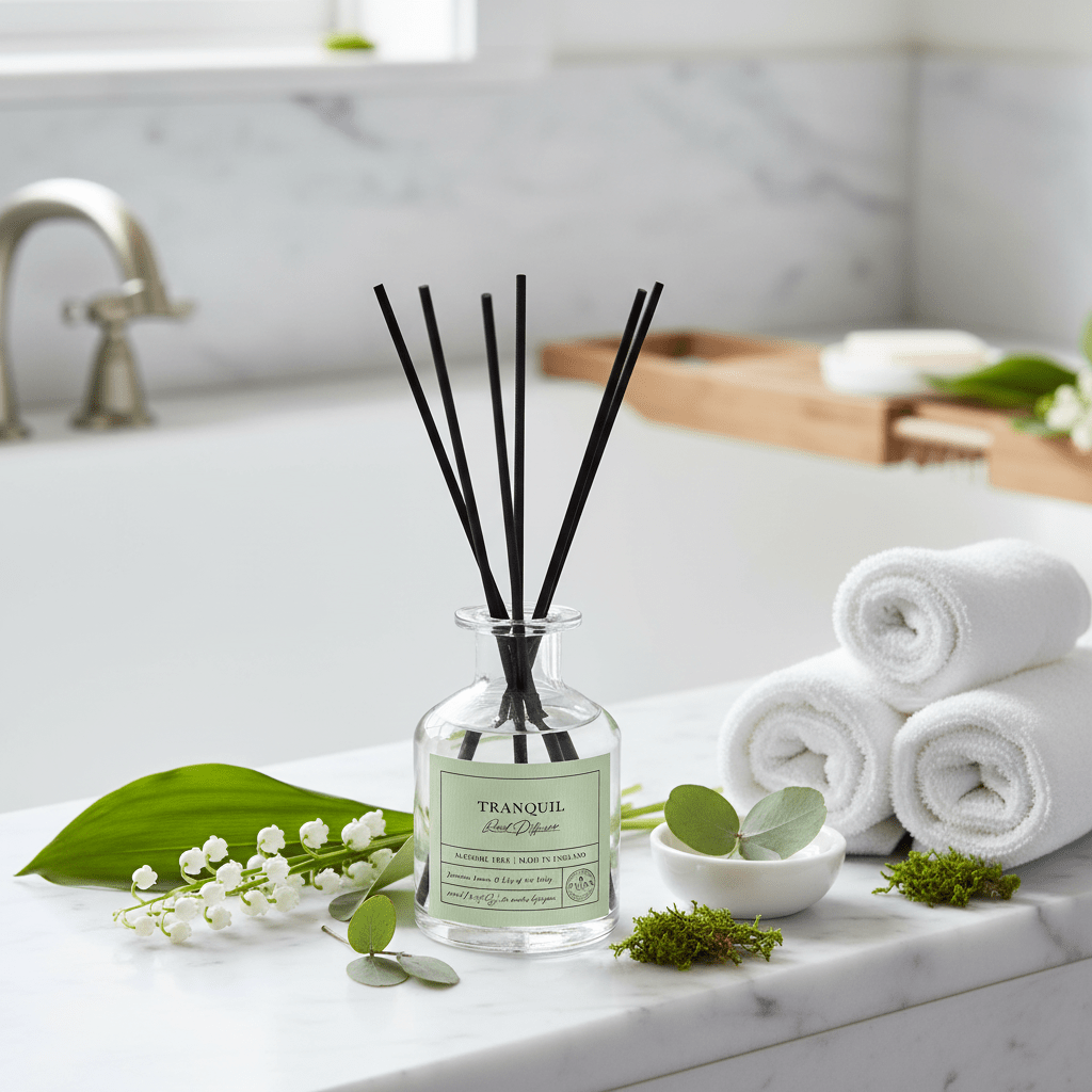 Parks Candles Moods Tranquil 100ml reed diffuser with a sleek glass bottle and natural reed sticks for calming home fragrance