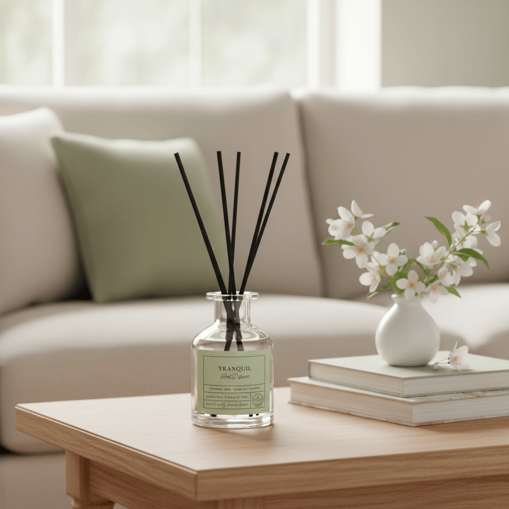 Parks Candles MOODS TRANQUIL reed diffuser in 100ml bottle with natural reed sticks for calming home fragrance.