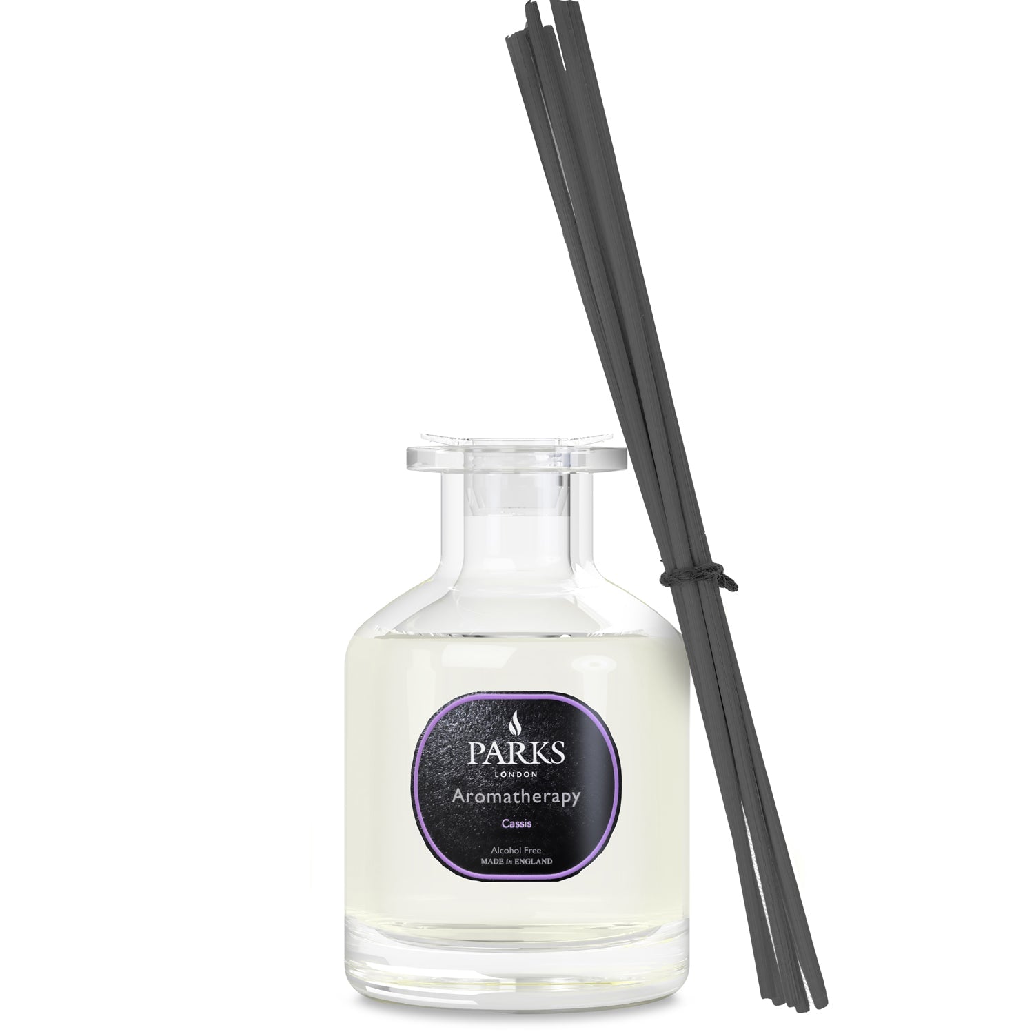 Parks Candles Cassis diffuser 100ml with reed sticks in a clear glass bottle, releasing a relaxing floral and fruity scent.