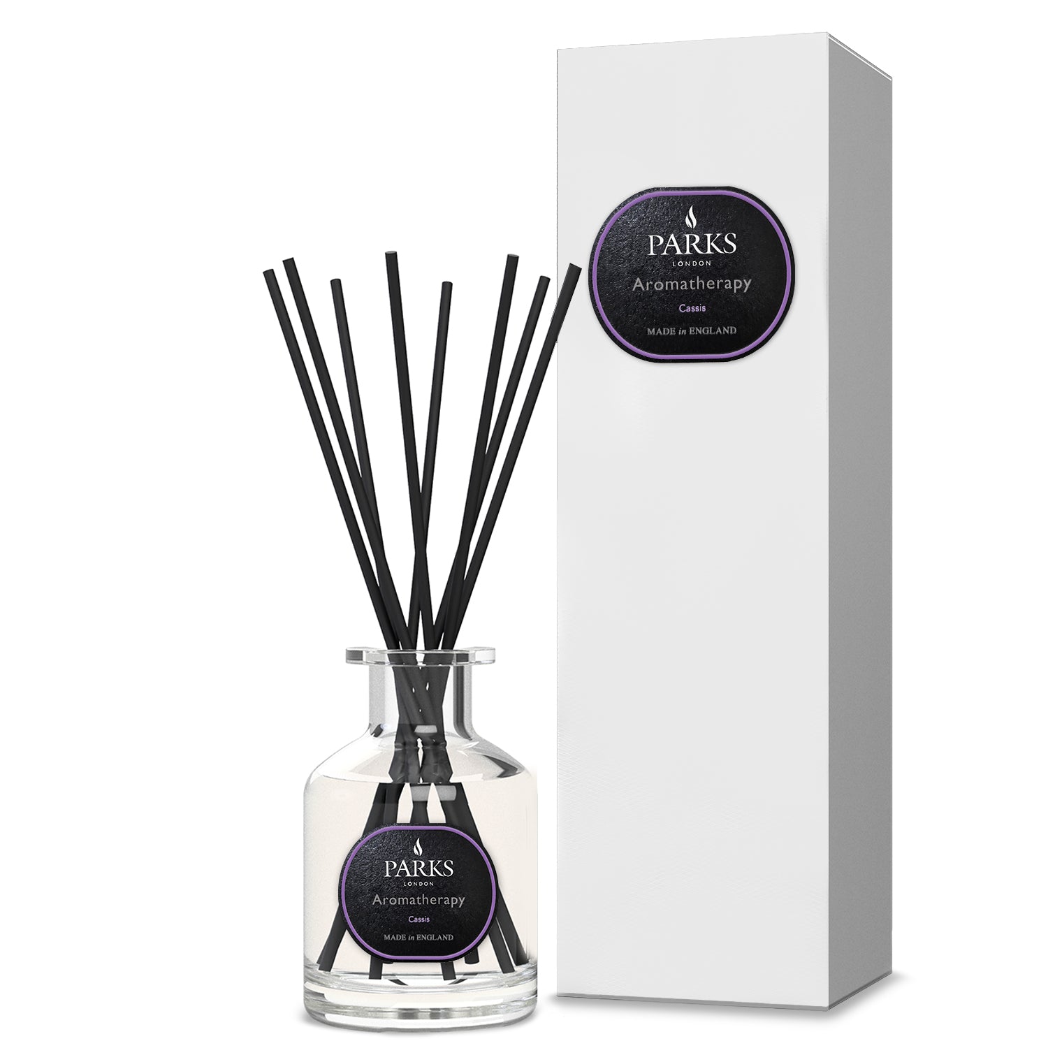 Parks Candles Cassis diffuser 100ml with reed sticks and glass bottle, showcasing the home fragrance aromatherapy product.