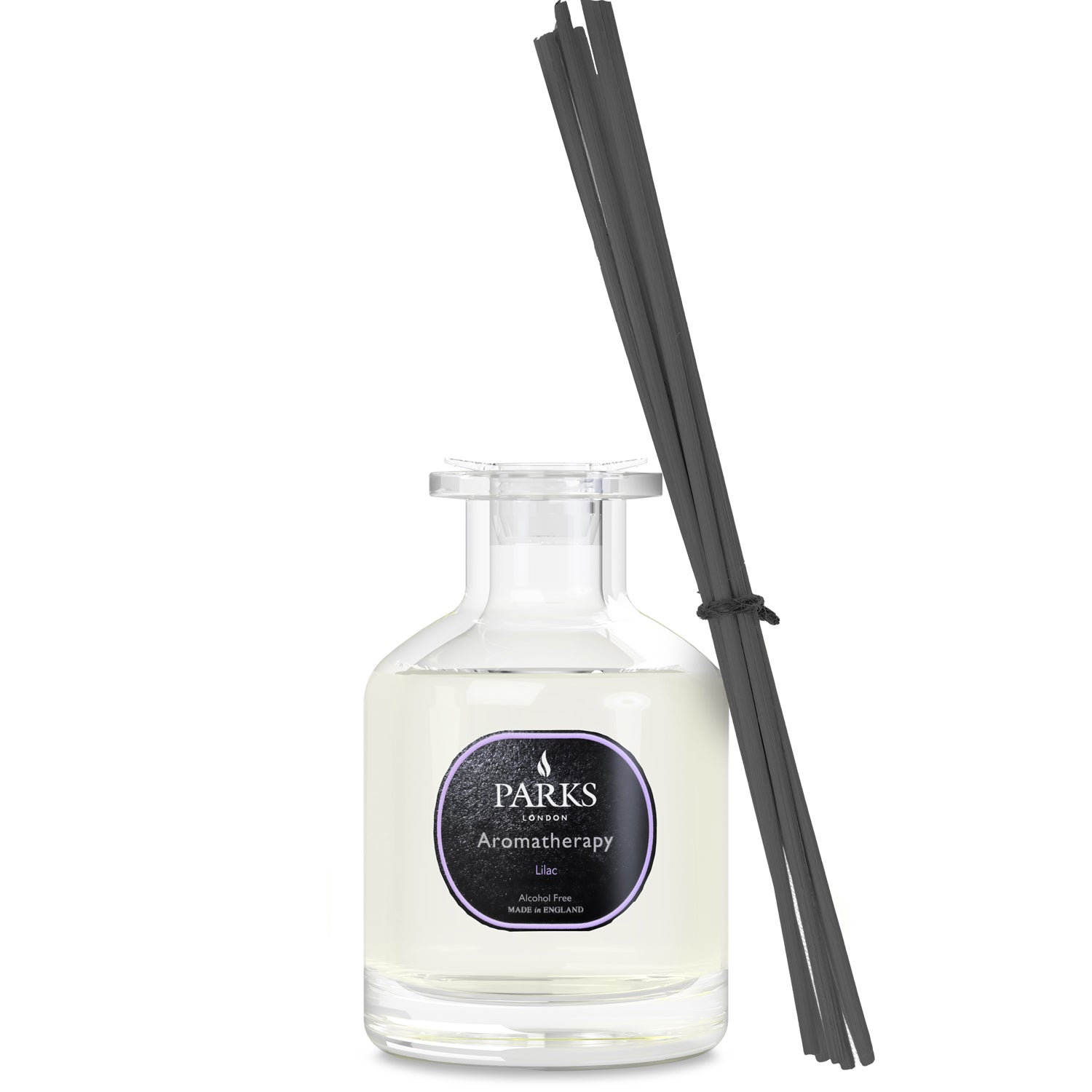 Lilac reed diffuser in a 100ml glass bottle from Parks Candles, with elegant reed sticks for home aromatherapy and fragrance.
